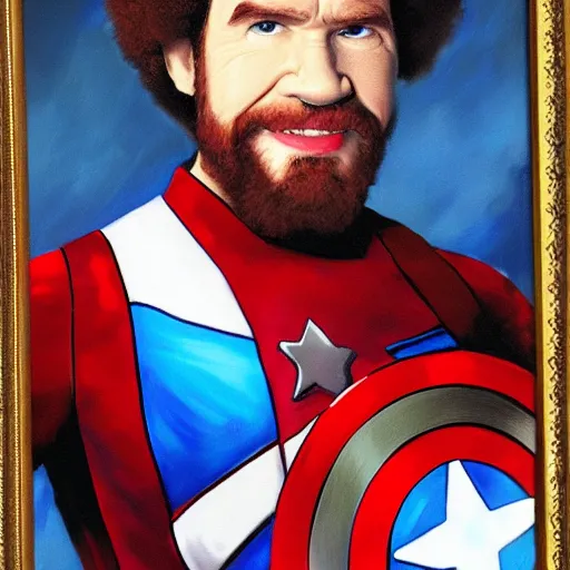 Prompt: Bob Ross as Captain America, painting, portrait