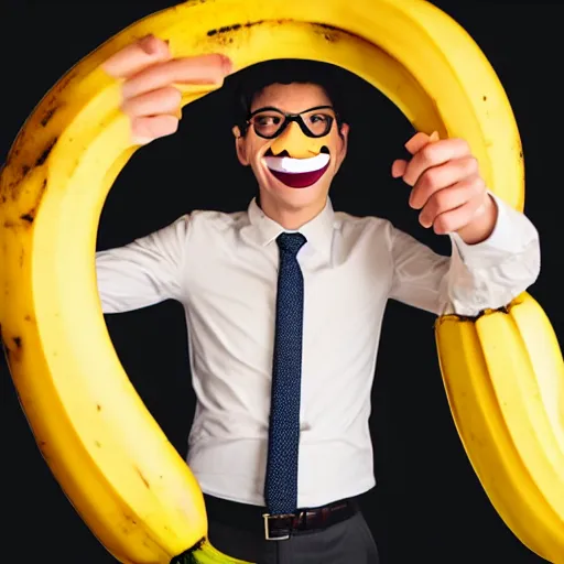 Image similar to a person with a banana head wearing a business suit