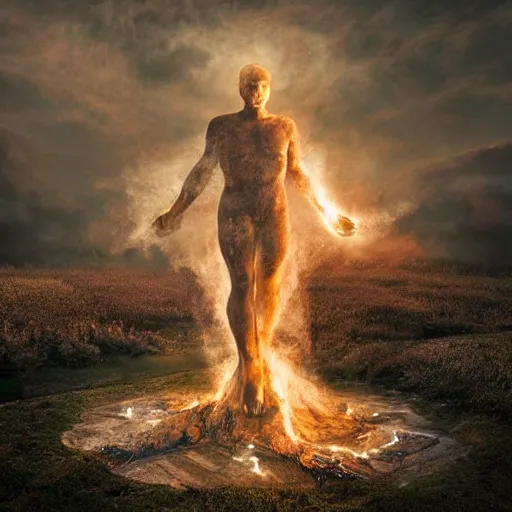 Image similar to Editorial Masterpiece extremely realistic Legendary elemental High Orders Nephilim Virtues figure infused with coalesced crystalline fire by Erik Johansson, perfect light