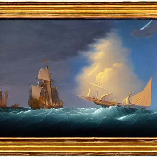 Image similar to clouds made out of the universe with luminous skies and a ship sailing in the distance, fitz henry lane, painting, detailed