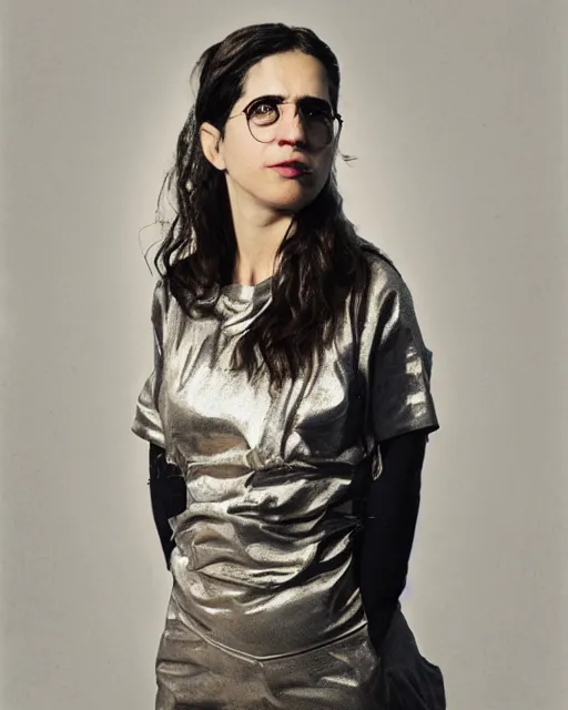 Image similar to hila klein from h 3 h 3, wearing an oufit made from stainless steel, weird expressionist pose, modern fashion, half body shot, photo by greg rutkowski, female beauty, f / 2 0, symmetrical face, warm colors, depth of field