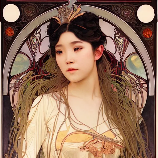 Prompt: breathtaking detailed concept art nouveau painting of attractive Ashley Liao as the goddess of night, with anxious, piercing eyes, by Alphonse Mucha, Michael Whelan, William Adolphe Bouguereau, John Williams Waterhouse, and Donato Giancola, extremely moody lighting, 8K