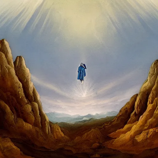 Image similar to an incomprehensible and invisible god at the top of a far off mountain, painting