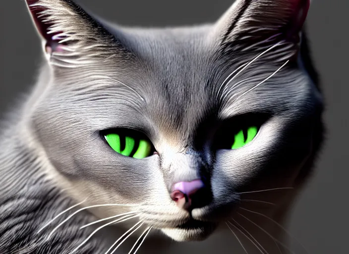 Image similar to hyperrealism, detailed textures, photorealistic 3 d render, a beautiful grey coloured cat with medium hair length, one million lave rivers, sharp focus, ultra realistic, ultra high pixel detail, cinematic, intricate, cinematic light, concept art, illustration, art station, unreal engine 8 k