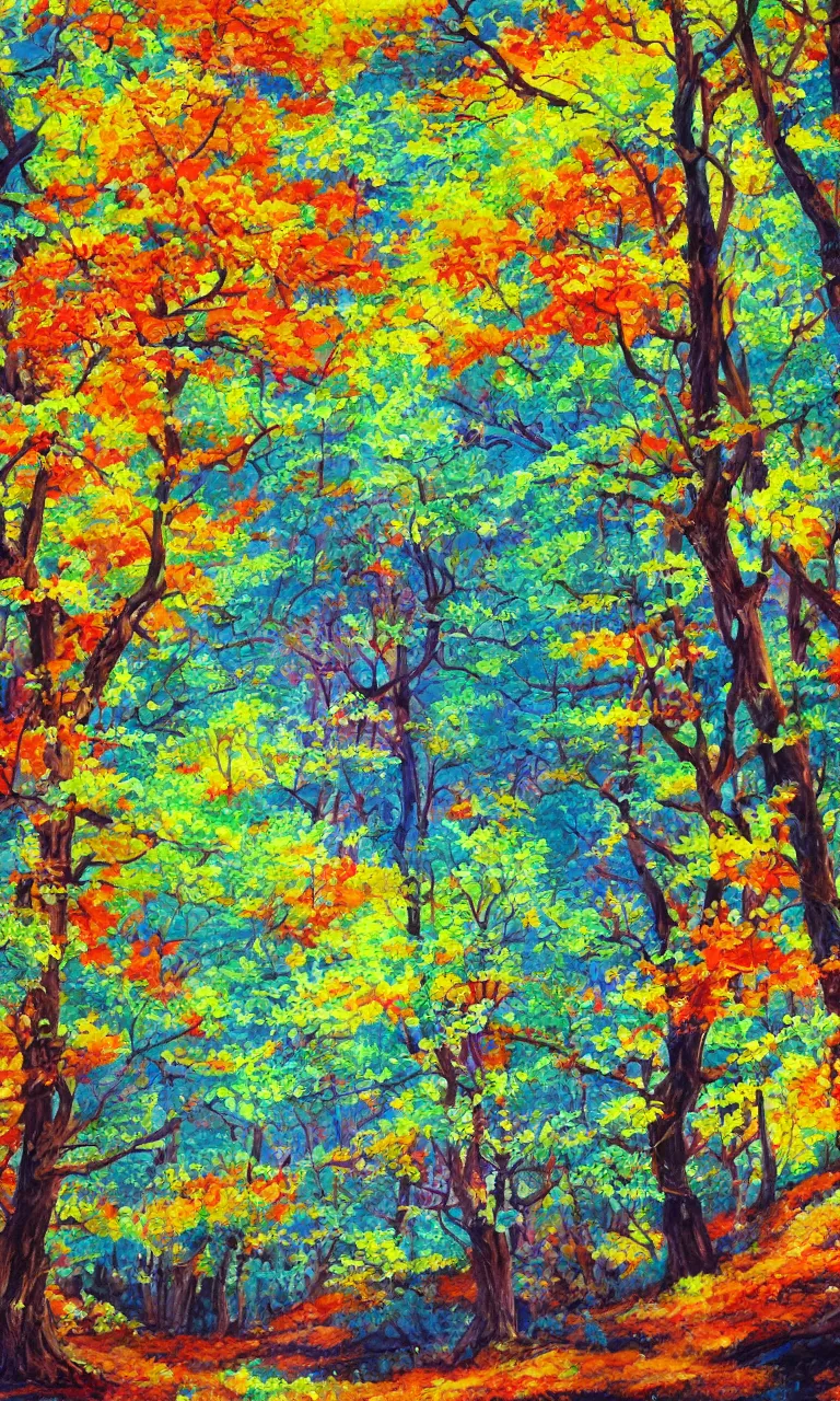 Image similar to a detailed painting in the style of anime of a colorful forest