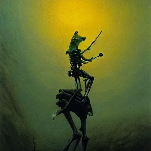 Prompt: frog horseman riding a glowing baroque unicorn skeleton in a thick fog, painting in style of beksinski, part of greg hildebrandt, part of cy twombly, eerie, mystical, sublime