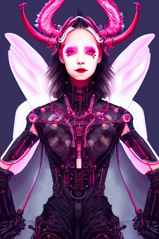 Image similar to portrait futuristic Devil Girl with horns and wings and feathers and armor, stuuing smile, in future cyberpunk tokyo rooftop , ssci-fi, fantasy, intricate, very very beautiful, elegant, human anatomy, human structure, neon light, highly detailed, digital painting, artstation, concept art, smooth, sharp focus, illustration, art by tian zi and WLOP and alphonse mucha