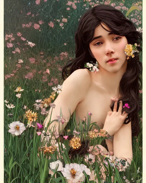 Image similar to 3 / 4 portrait, young male spring god, brown skin, long dark hair, flower dress, beautiful, flowers, detailed field background, elaborate jewelry, artstation, ilya kuvshinov, alphonse mucha, william bouguereau, rossdraws, greg rutkowski, super detailed, illustration, realistic, octane render, sharp focus, cinematic, 8 k