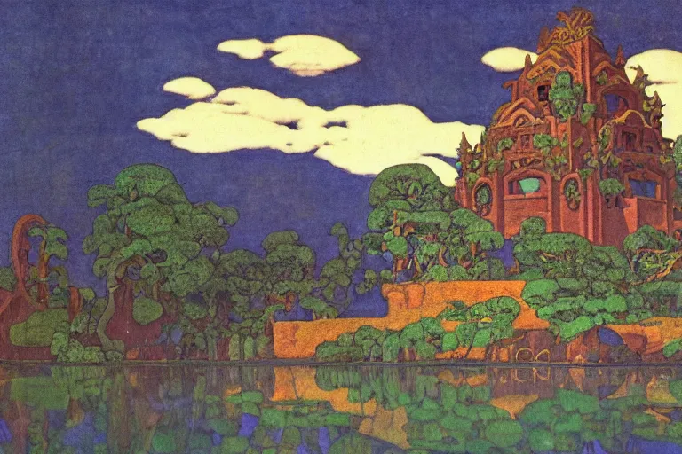 Image similar to ancient temple by a lake | by Edmund Dulac and Maxfield Parrish and Nicholas Roerich | ornate carvings| climbing vines| rich color | dramatic cinematic lighting