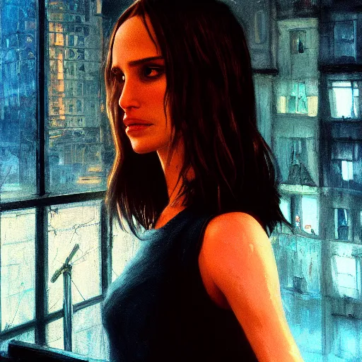 Image similar to closeup portrait of natalie portman from the movie leon the professional, matilda, city background, dramatic light, gorgeous view, depth, high detail, digital art, painted by greg rutkowski and seb mckinnon, by tim burton, trending on artstation