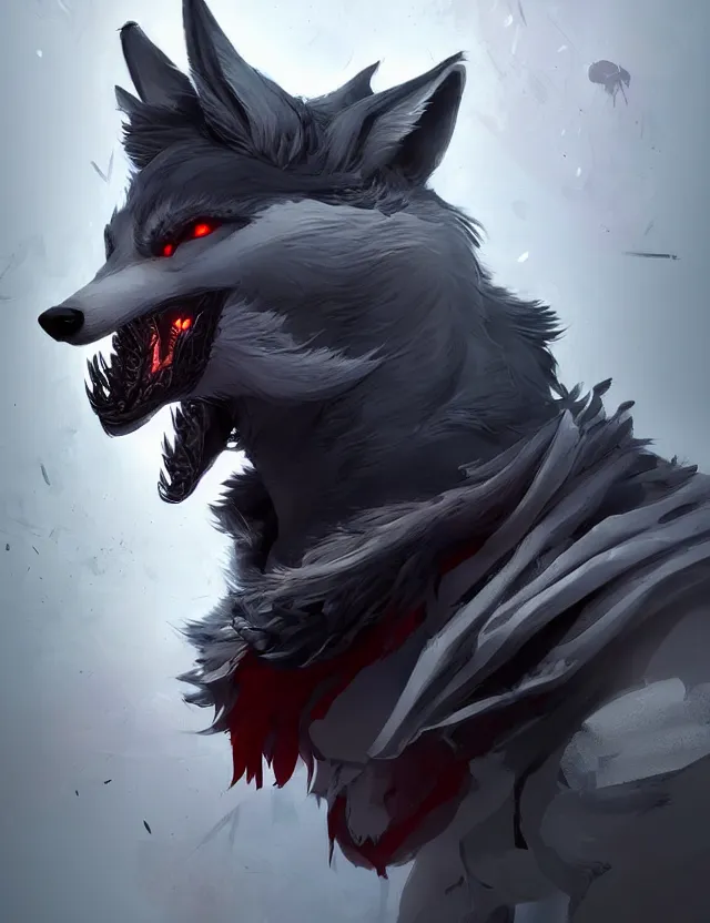 Image similar to handsome dark gray anthropomorphic wolf fursona with long red hair wearing destiny 2 armor. character design by cory loftis, fenghua zhong, ryohei hase, ismail inceoglu and ruan jia. artstation, volumetric light, detailed, photorealistic, fantasy, rendered in octane