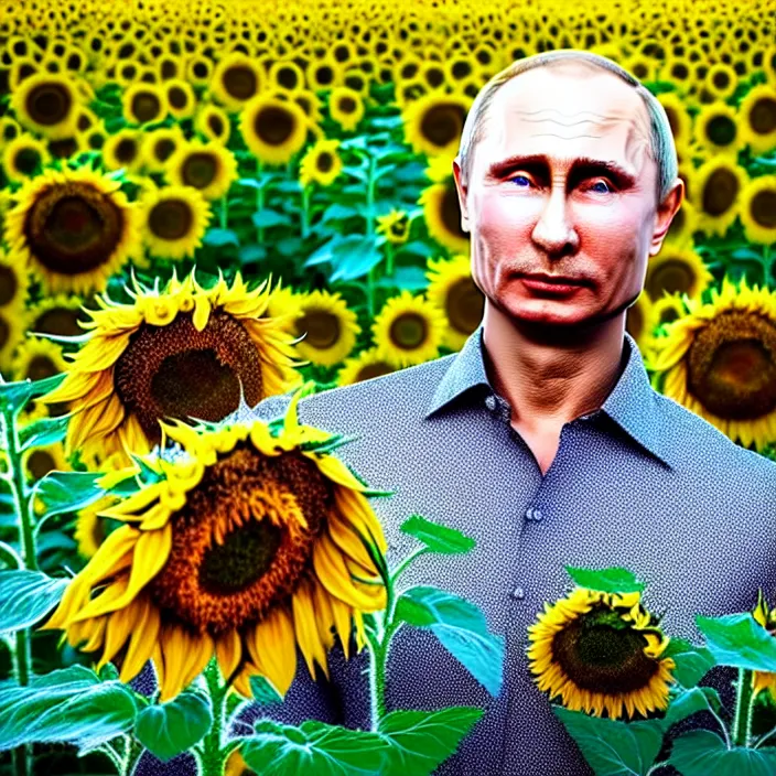 Image similar to photo portrait of Vladimir Putin in sunflower field, dressed in shirt with ornamental ethereal sunflower pattern, natural skin tone, explosion and fire in the background, elegant, Realistic, Refined, Highly Detailed, natural soft pastel lighting colors scheme, fine art photography by Cecil Beaton, volumetric lighting, hyper realistic photography