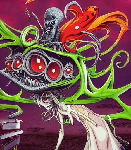 Image similar to Tim Burton style High School DxD by Alex Pardee and Nekro and Petros Afshar, and James McDermott,unstirred paint, vivid color, cgsociety 4K