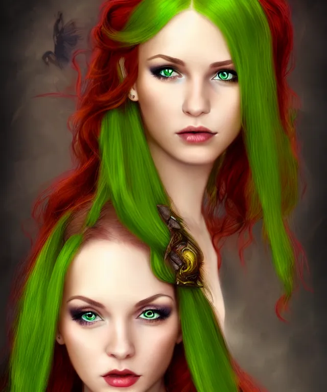 Image similar to Beautiful young woman, Fae, Fantasy, highly detailed, portrait, long red hair, green highlights