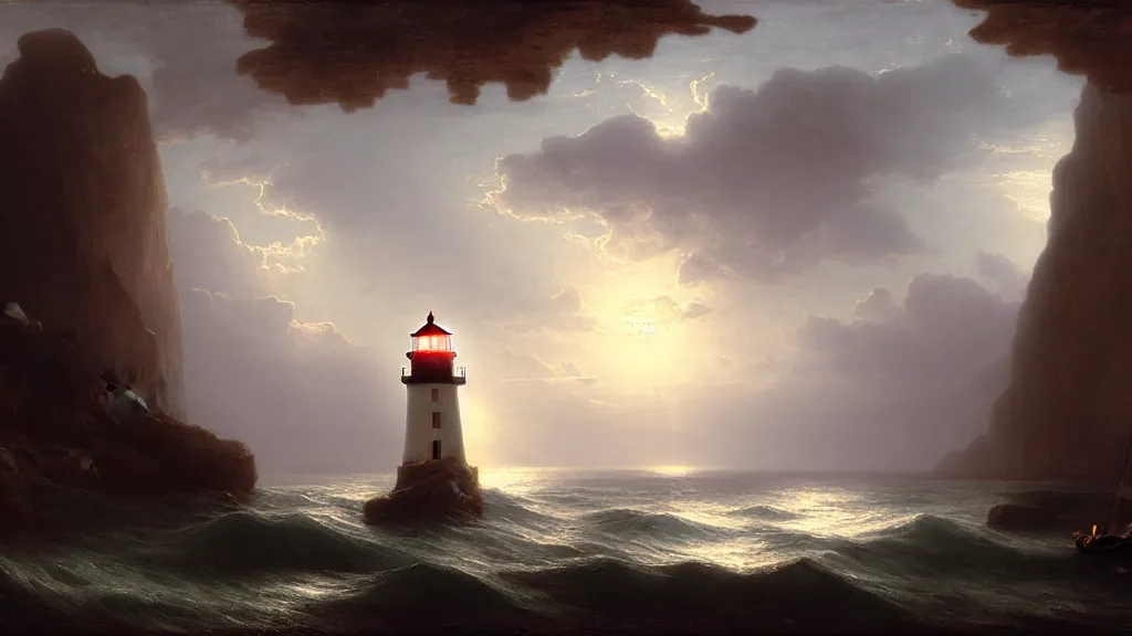 Prompt: lighthouse in the cave, sail boat, andreas achenbach, artgerm, mikko lagerstedt, zack snyder, tokujin yoshioka