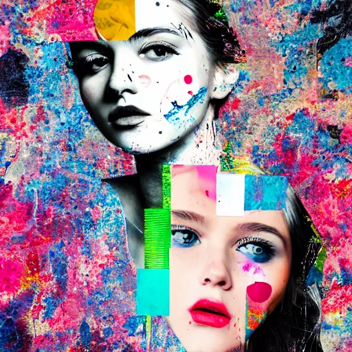 Prompt: a portrait of a young beauty constructed from collage, stickers, drop shadow, layered composition, layers, texture, mcu, highly textured, layered, sculpted, dynamic, splatter, splash, acrylic, mixed media