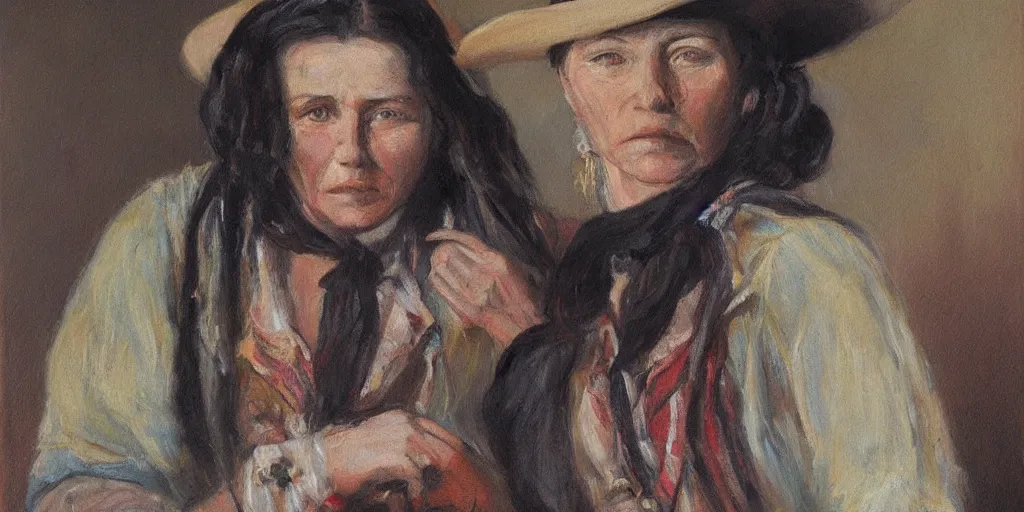 Image similar to portrait of an wild west outlaw woman, colorful