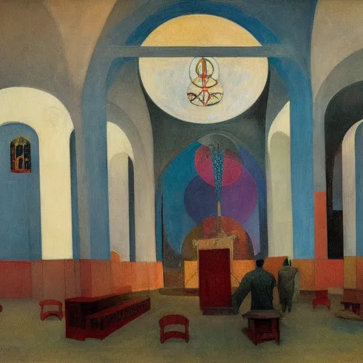 Prompt: apocalyptic scene,prayer,occult,refugees,mosque synagogue interior,masks,geometric art,prism,patina,edward hopper,hilma af klint