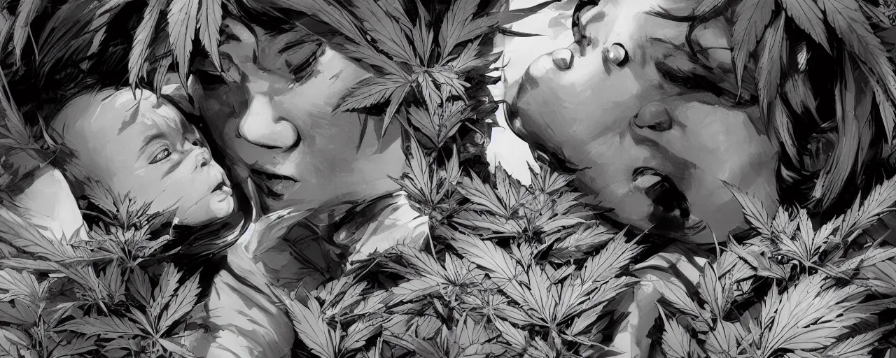 Prompt: duotone concept illustration 3 / 4 portrait of baby cannabis, hemp, marijuana!, cinematic volumentric lighting, jim cheung, david marquez, mike deodato jr, ilya kuvshinov, makoto shinka, behance hd by jesper ejsing, by rhads, hyper detailed, octane render, concept art, artstation