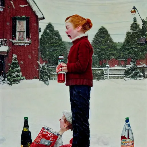 Prompt: Elle Fanning drinking a bottle of soda in the snow, by Norman Rockwell, Extremely detailed. 8K. Award winning.