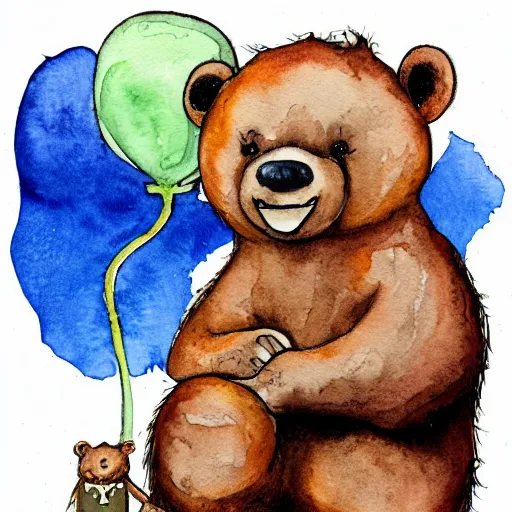Image similar to a bear dreaming a thought bubble with a mouse in it, watercolor