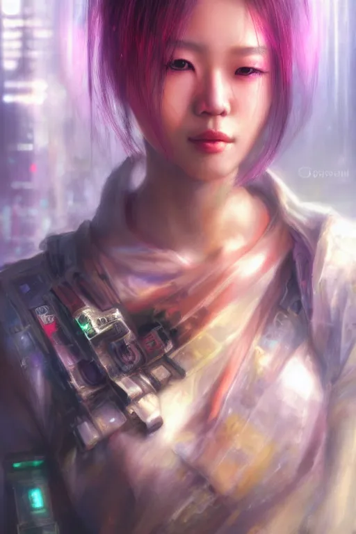 Image similar to stunning highly detailed portrait of a beautiful asian female cyberpunk, soft lighting, pastel neon colors, oil on canvas, strong lighting, by Greg Staples, HD, 4K