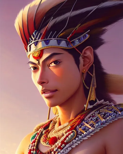 Image similar to indian warrior, doutzen kroes, detailed perfect face, exquisite details, septum piercing!!!!, wind magic, mid view, design on a white background, by studio muti, greg rutkowski makoto shinkai takashi takeuchi studio ghibli