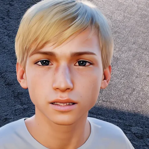 Image similar to detailed face of boy with blonde hair and brown eyes, unreal engine 5 rendered, incredibly highly detailed and realistic, 8 k, sharp focus, studio quality