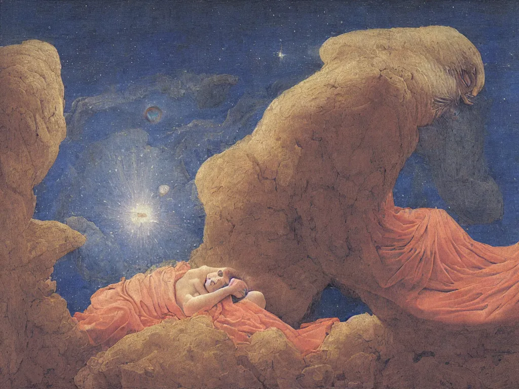 Prompt: Portrait of terrifying Blue star clad albino angel sleeping in the seed of a comet. Icy surreal mountains at night. Coral-like pebbles, autumn light. Painting by Jan van Eyck, Fra Filippo Lippi, Rene Magritte, Jean Delville, Max Ernst, Beksinski