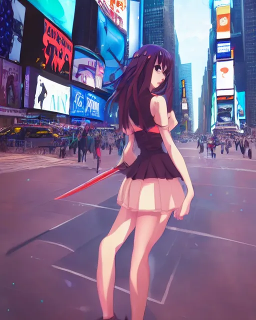 Prompt: a girl in times square, very sexy outfit, very anime, medium shot, visible face, detailed face, perfectly shaded, atmospheric lighting, by makoto shinkai, stanley artgerm lau, wlop, rossdraws