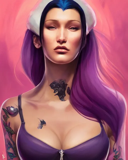 Image similar to beautiful Bella Hadid purple hair tattoos symmetrical face eyes full length fantasy art icon, 3d art cover , official fanart behance hd artstation by Jesper Ejsing, by RHADS, Makoto Shinkai and Lois van baarle, ilya kuvshinov, rossdraws