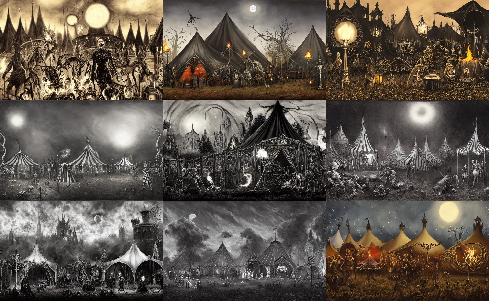 Prompt: a magical circus in a field at night with large black, white tents and a cauldron with a white flame, surrounded by a gothic iron fence artwork by gerald brom, 4 k, masterpiece