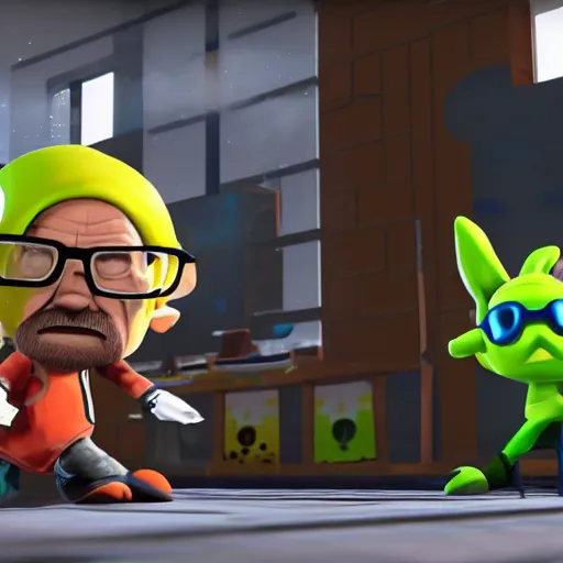 Image similar to walter white as a splatoon inkling, wide shot, in game screenshot, unreal engine, high definition