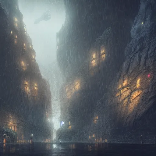 Prompt: a fantasy city built within a vast cave, illustration, raining, dark and moody lighting, digital art, fantasy, 8 k, trending on artstation, detailed