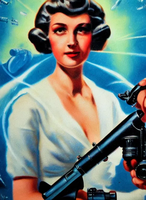 Prompt: a vintage Raypunk painting of a woman holding a raygun blaster, subsurface scattering, life like, intricate detail, 4K HD