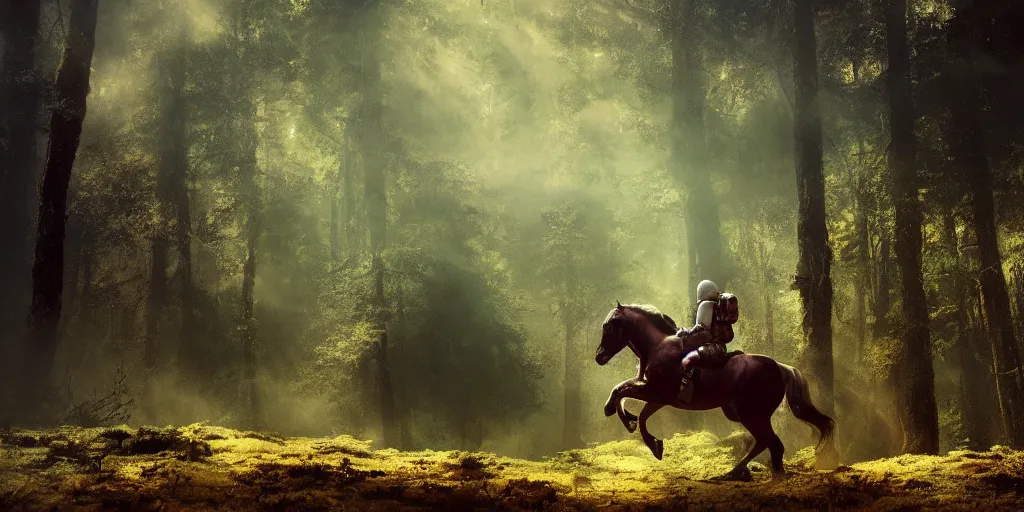 Image similar to american astronaut, riding a horse in a forest, plants environment, wide angle, cinematic lighting, atmospheric, realistic, octane render, highly detailed, color graded, in the style of craig mullins