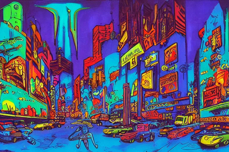 Image similar to surreal colorful nightmarish cityscape, artwork by Ralph Bakshi