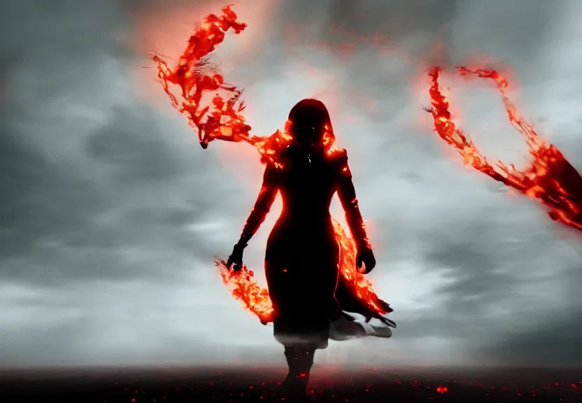 Prompt: low angle shot of a Woman made of black flames, wearing a strict business suit, with no face, with no mouth, with glowing red eyes, with a red halo over her head, with red halo, growing out of a giant rose, rose petals flying in the wind, war, authoritarian, tense, madness combat, strong dramatic cinematic lighting , blood red sky, grey skin, smooth, sharp focus, extremely detailed, illustration, digital painting, artstation, museum, sharp focus, by Godmachine and Caravaggio