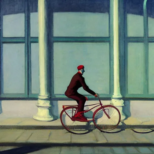 Image similar to cthulu riding a bike in paris. edward hopper. faithfully depicted, sharp focus, global illumination, radiant light, detailed and intricate environment, trending on artstation