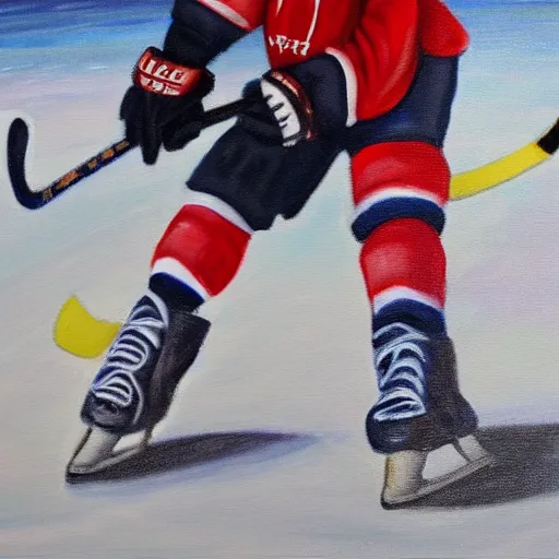 Prompt: a painting of a kid playing hockey in an outdoor rink, close up, action shot