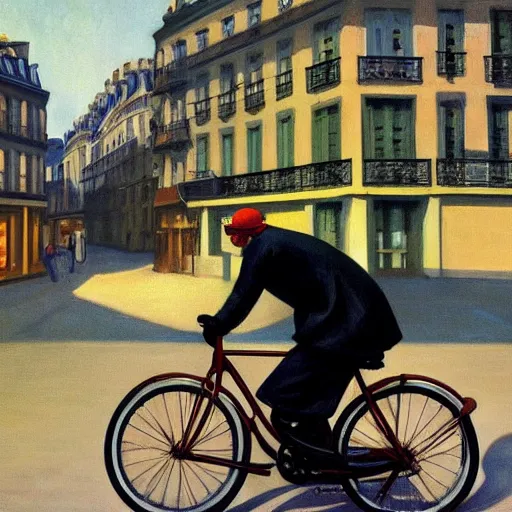 Image similar to cthulhu riding a bike in paris. edward hopper. faithfully depicted, sharp focus, global illumination, radiant light, detailed and intricate environment, trending on artstation