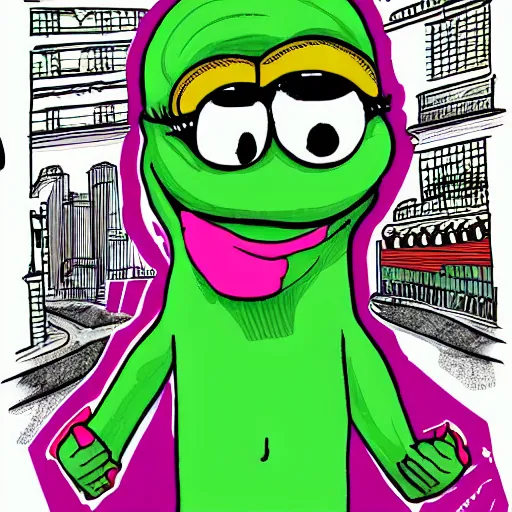 pepe the frog in the city, illustration by matt furie | Stable Diffusion