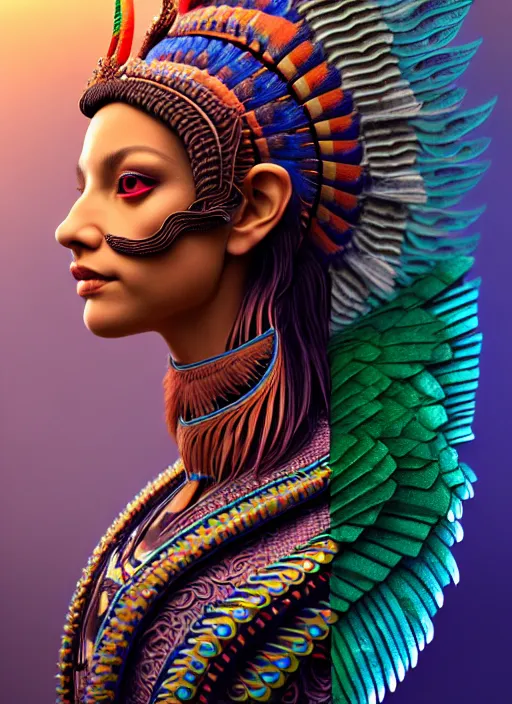 Prompt: 3 d goddess profile portrait. beautiful intricate highly detailed quetzalcoatl mask and feathers. ahuizotl, atotolin, bioluminescent, plasma, lava, ice, water, wind, creature, jungle, artwork by tooth wu and wlop and beeple and greg rutkowski, 8 k trending on artstation,