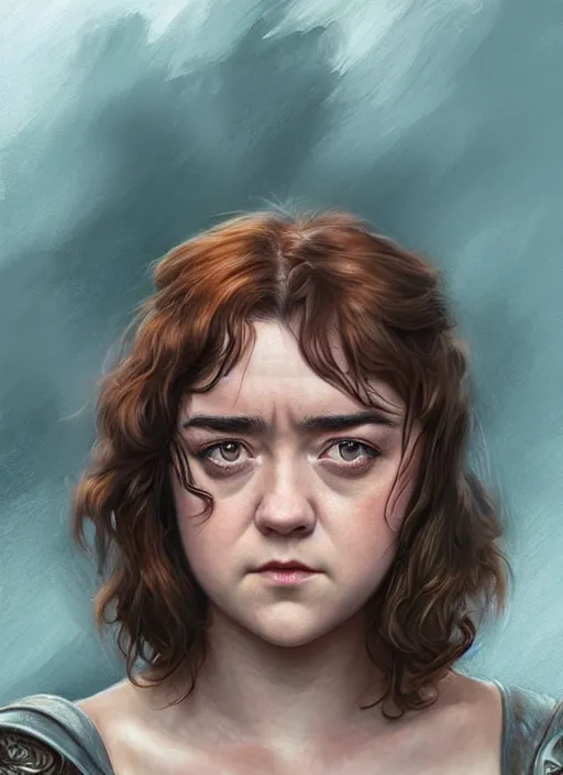 Image similar to Maisie Williams as a ruggedly muscled handsome heroine, rainbow background, intricate, elegant, highly detailed, centered, digital painting, artstation, concept art, smooth, sharp focus, illustration, artgerm, donato giancola, Joseph Christian Leyendecker, WLOP, Artgerm, thunder storm