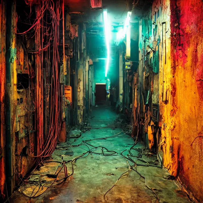 Prompt: dark decaying hallway with wet walls and old Televisions in cyberpunk slums, wires and rebar hanging from ceiling and walls, neon colored fluorescent lighting, neon colored haze, obscured hooded person walking, vibrant colors, high detail, in the style of street photography, vhs footage