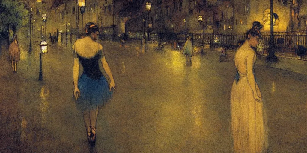 Prompt: a hiper intricate oilpainting of a beautiful ballerina walking at midnight by the light of the street lights on the lonely bridge extremely detailed, sharp focus, wide view, smooth, digital illustration, colorfull, by edgar degas, by edmund dulac