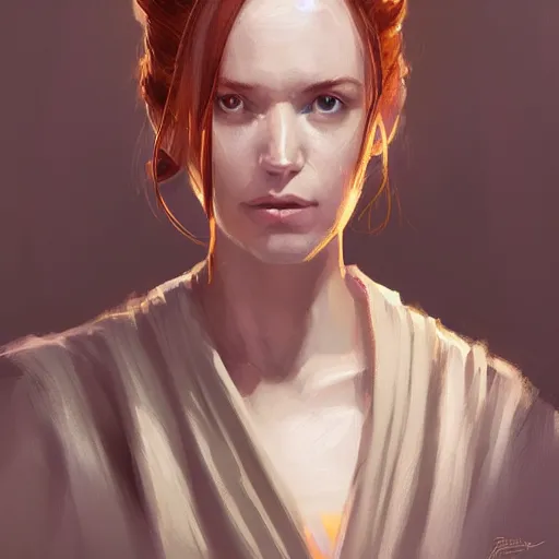 Image similar to portrait of a woman by greg rutkowski, jedi princess knight, straight redhead with two strands around her face, jedi robes, star wars expanded universe, she is about 2 0 years old, elegant, graceful, wearing jedi robes, highly detailed portrait, digital painting, artstation, concept art, smooth, sharp foccus ilustration, artstation hq