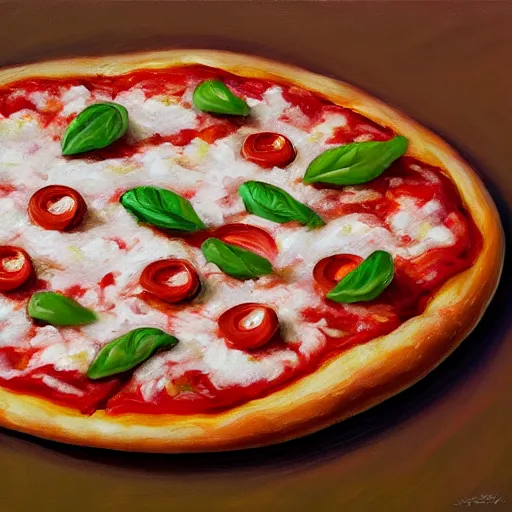 Image similar to an impasto oil painting of a pizza magherita, 4 k resolution, italy, white red and green color schemea