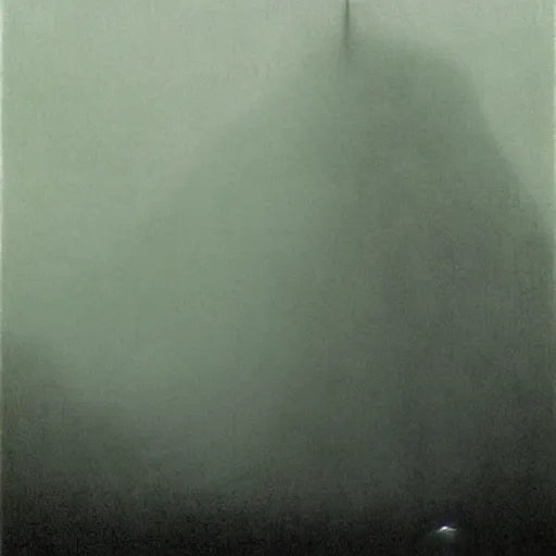 Prompt: thick fog, granite in air, zdzislaw beksinski