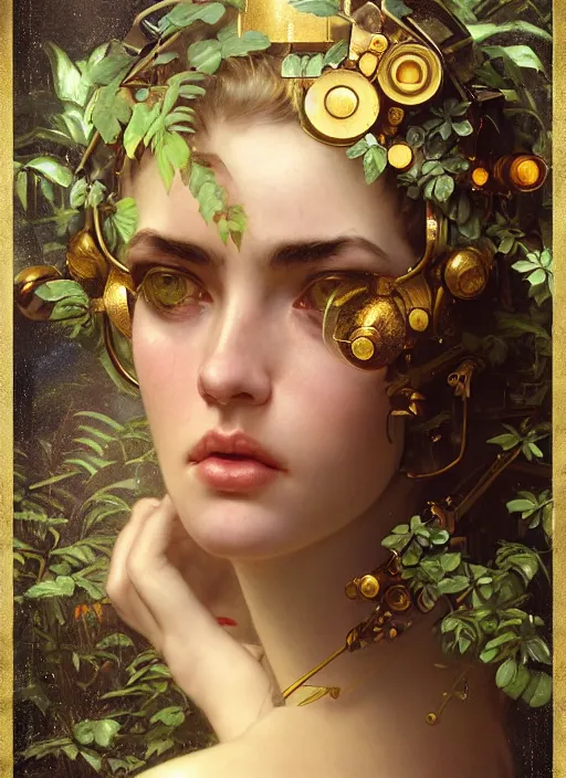 Image similar to hyper realistic photographer looking through a vintage medium format camera, design on white background, beautiful details, lush foliage cyberpunk, gold, drawn by john singer sargent, tom bagshaw, norman rockwell, alphonso mucha, lolish, trending on artstation